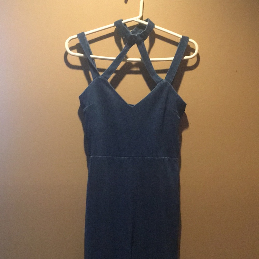 Denim romper with cut out choker neck